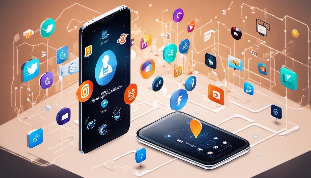 Image depicting the use of Artificial Intelligence in mobile apps, showing a smartphone with an AI logo on the screen and various app icons surrounding it.