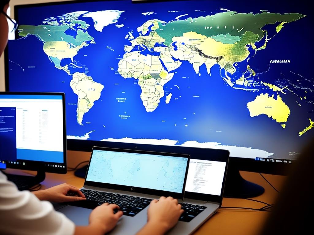 A person using a computer with a world map on the screen, representing the global impact of AI.