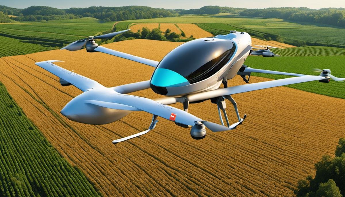 Illustration showing a field of crops being monitored by AI-powered drones.