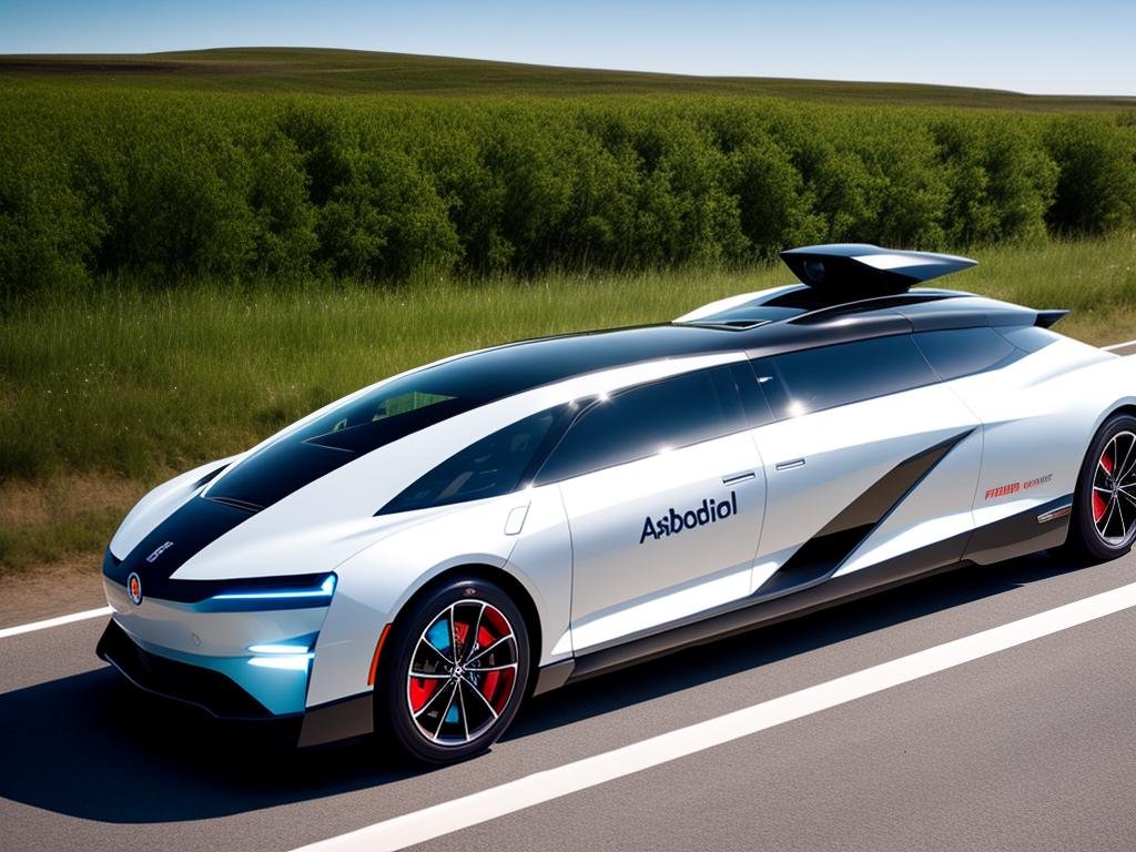A futuristic autonomous vehicle driving on a highway.