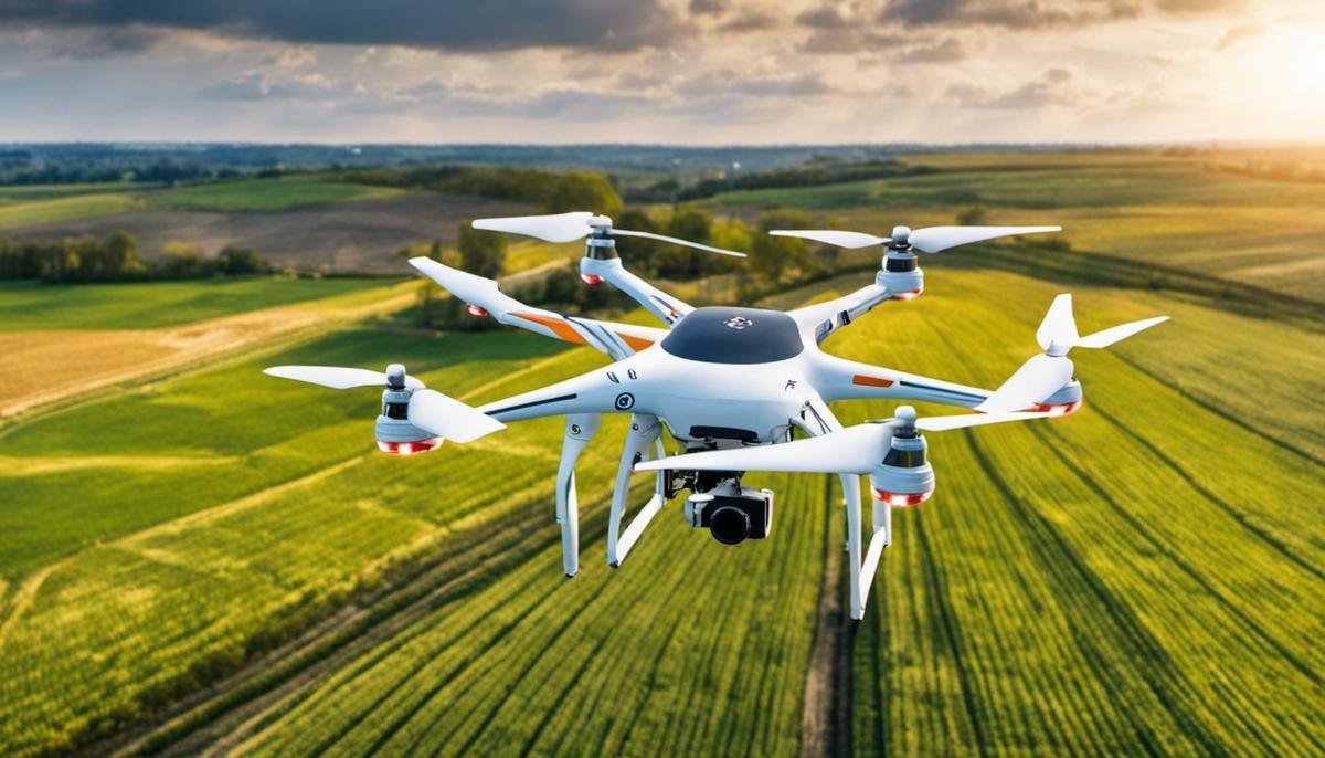 An image depicting AI applications in crop monitoring, showing a drone flying over a field with sensors and collecting data.
