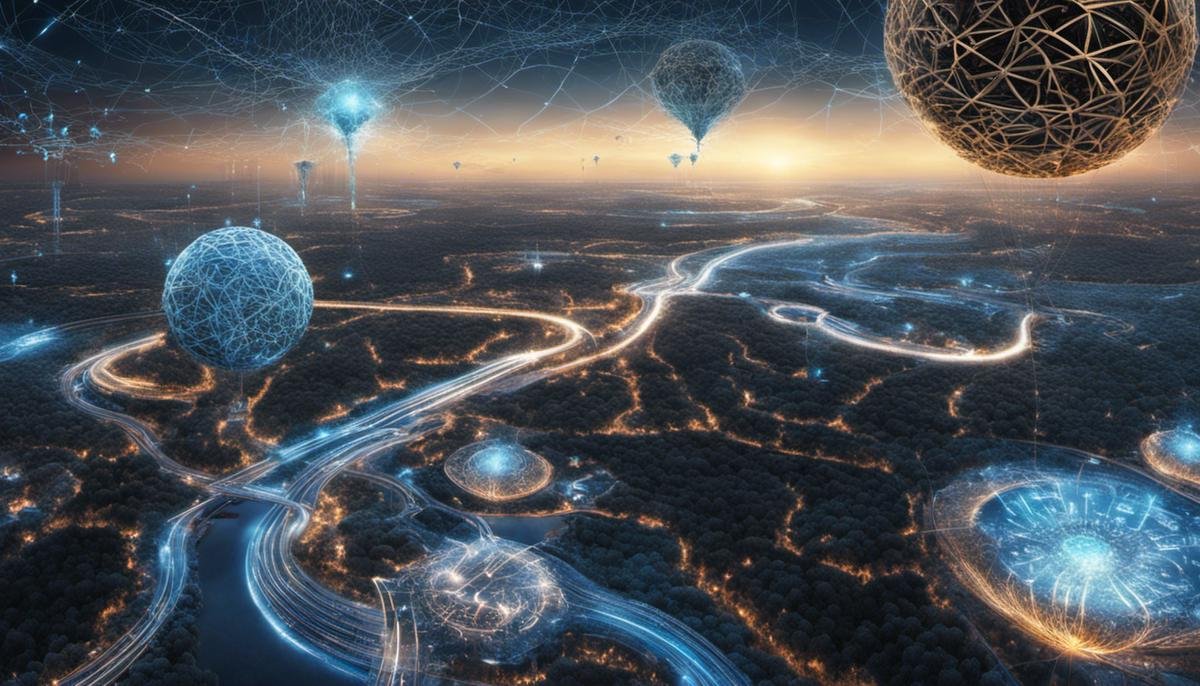 A futuristic image depicting algorithms, neural networks, and heuristics merging together, symbolizing the fundamental principles of Artificial Intelligence.