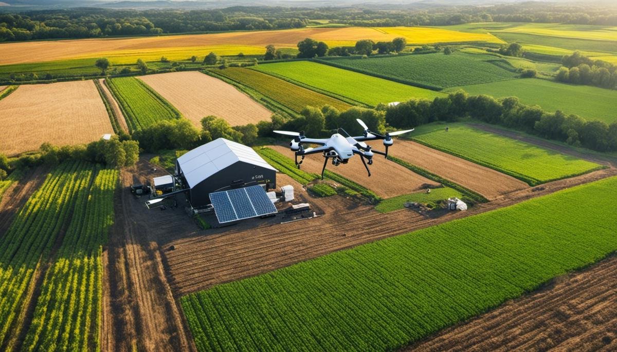 Image depicting the implementation of AI technologies in agriculture, showcasing drones and sensors in a farm field.