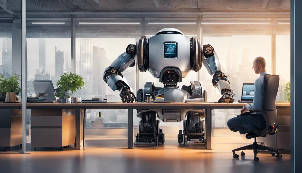 Illustration of a robot working alongside a human in a modern workplace