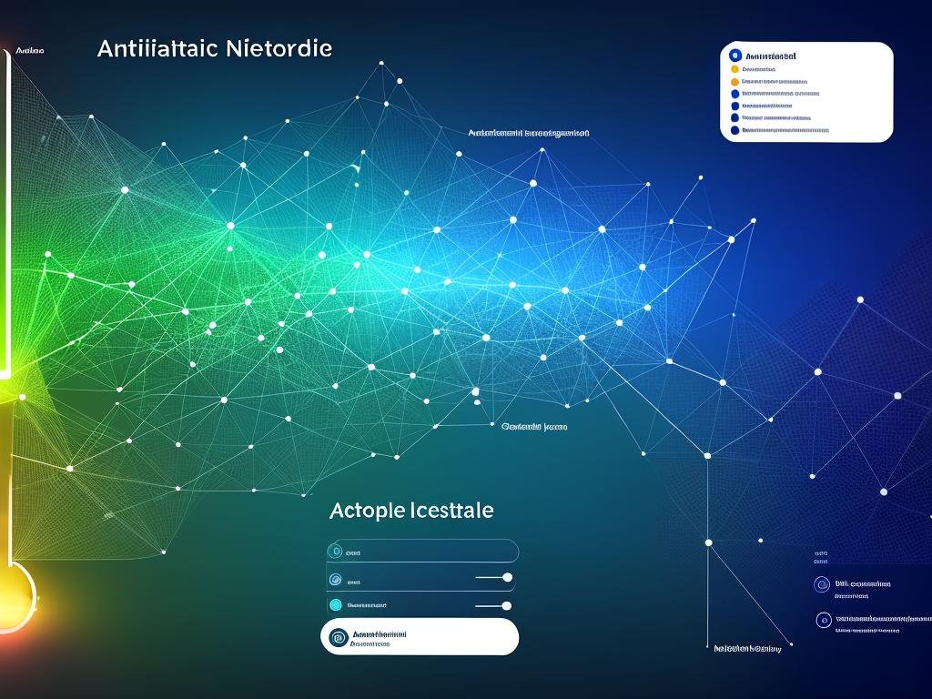Artificial Intelligence landscape visualization with interconnected nodes and text describing different AI applications in various industries.