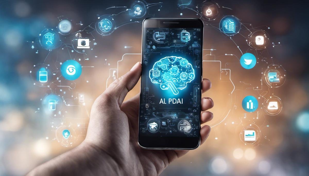 A person holding a smartphone with artificial intelligence icons around it, representing the challenges and prospects of implementing AI in mobile apps.