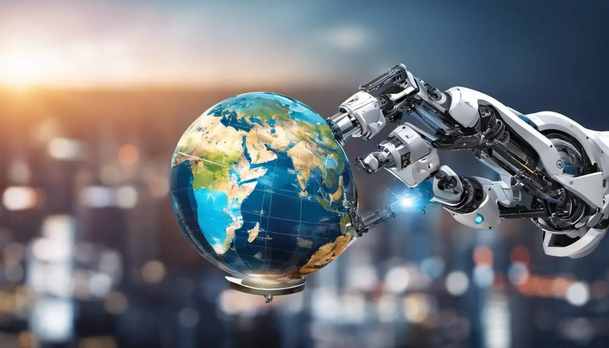 Illustration of a robotic arm holding a globe, representing the potential future applications of AI in robotics.