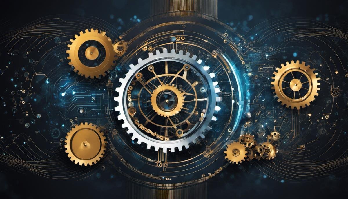 Illustration of technological challenges of AI in finance, depicting data privacy and interoperability issues. The image shows gears with data flowing between them, symbolizing the complexity and interconnectedness of AI technology in finance.