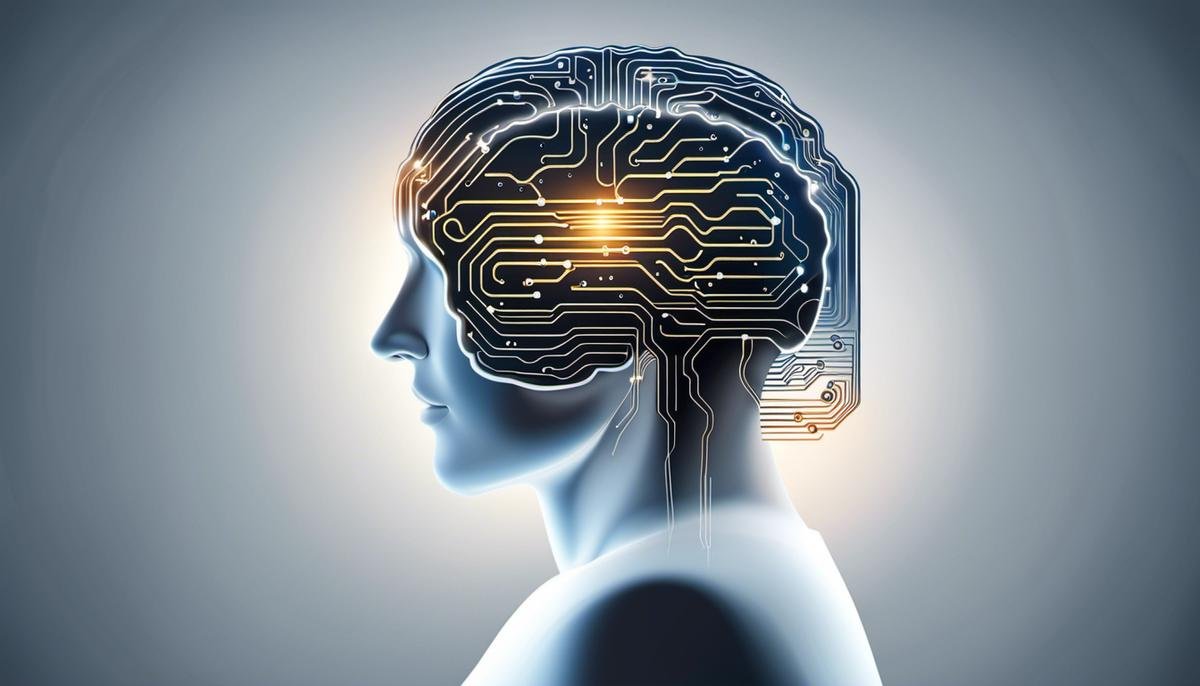 Illustration of a computer chip connected to a human brain, symbolizing the concept of Artificial Intelligence in understanding human cognitive functions.